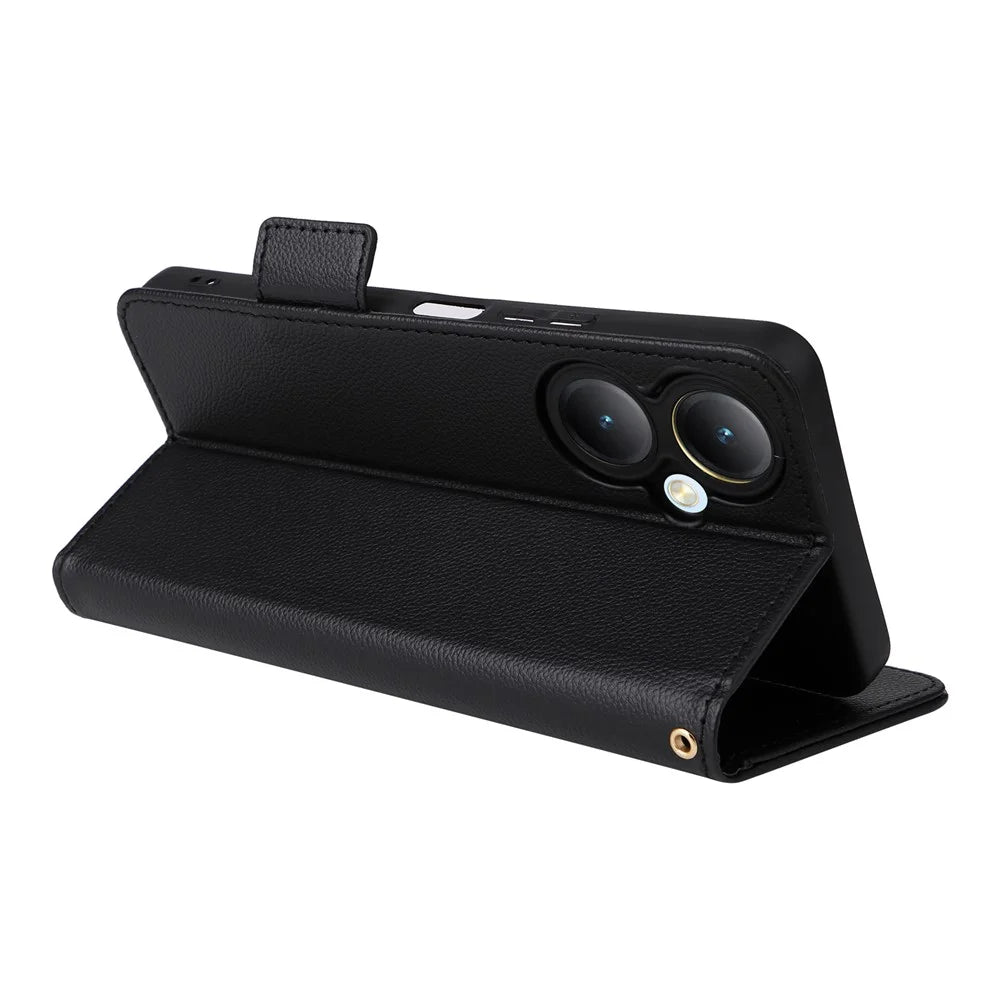 For vivo Y35m+ 5G / Y35+ 5G / Y27 4G Litchi Texture Phone Shell PU Leather Wallet Stand Anti-drop Cover with Strap - Black - 4