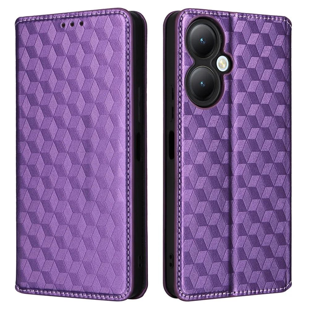 For vivo Y35+ 5G / Y35m+ 5G / Y27 4G Rhombus Imprinted Wallet Case Leather Stand Phone Cover - Purple - 1