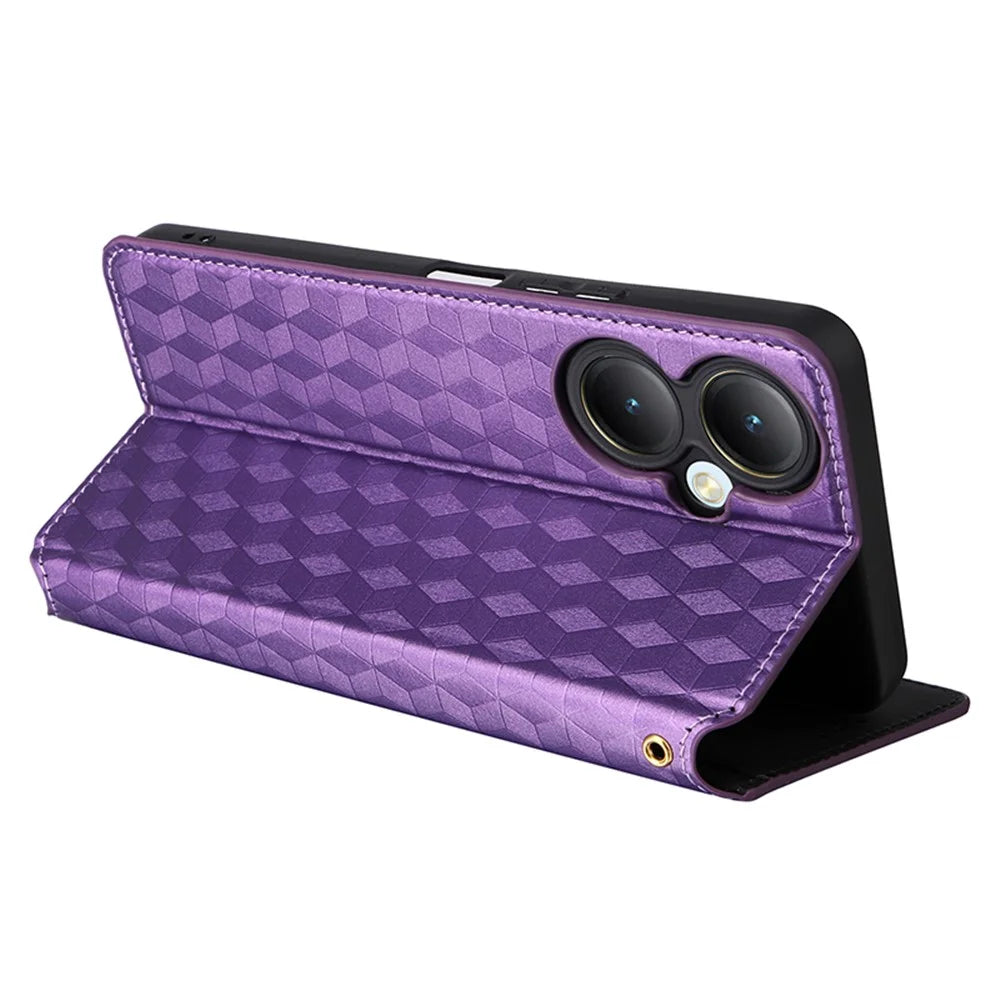 For vivo Y35+ 5G / Y35m+ 5G / Y27 4G Rhombus Imprinted Wallet Case Leather Stand Phone Cover - Purple - 4