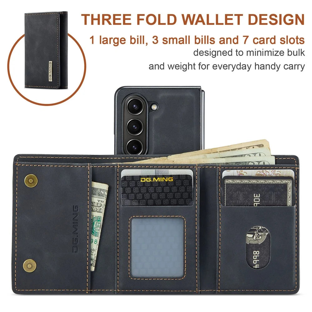 DG.MING M1 Series Magnetic Detachable Case for Samsung Galaxy Z Fold5 5G , PU Leather+PC Kickstand Wallet Phone Cover - Black - 7
