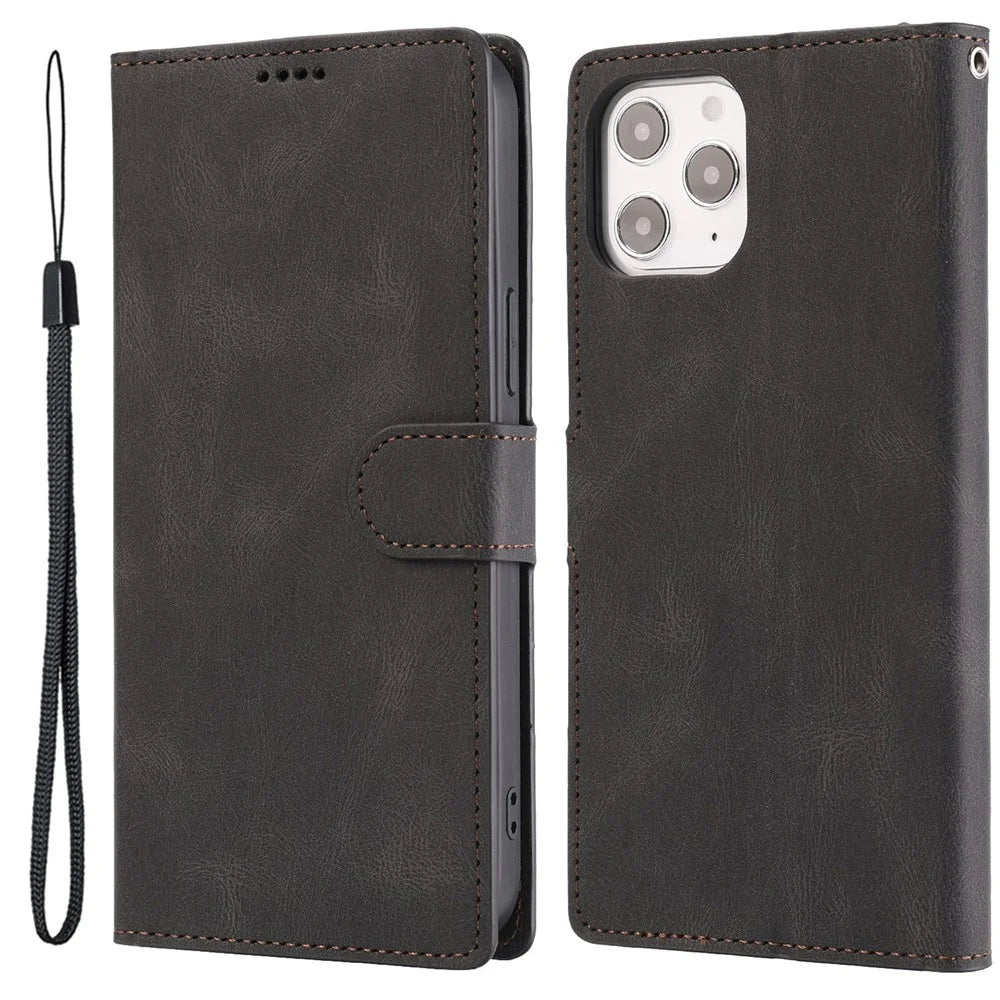 For iPhone 15 Pro Dustproof PU Leather Cell Phone Case Magnetic Stand Wallet Phone Cover with Strap - Black - 1