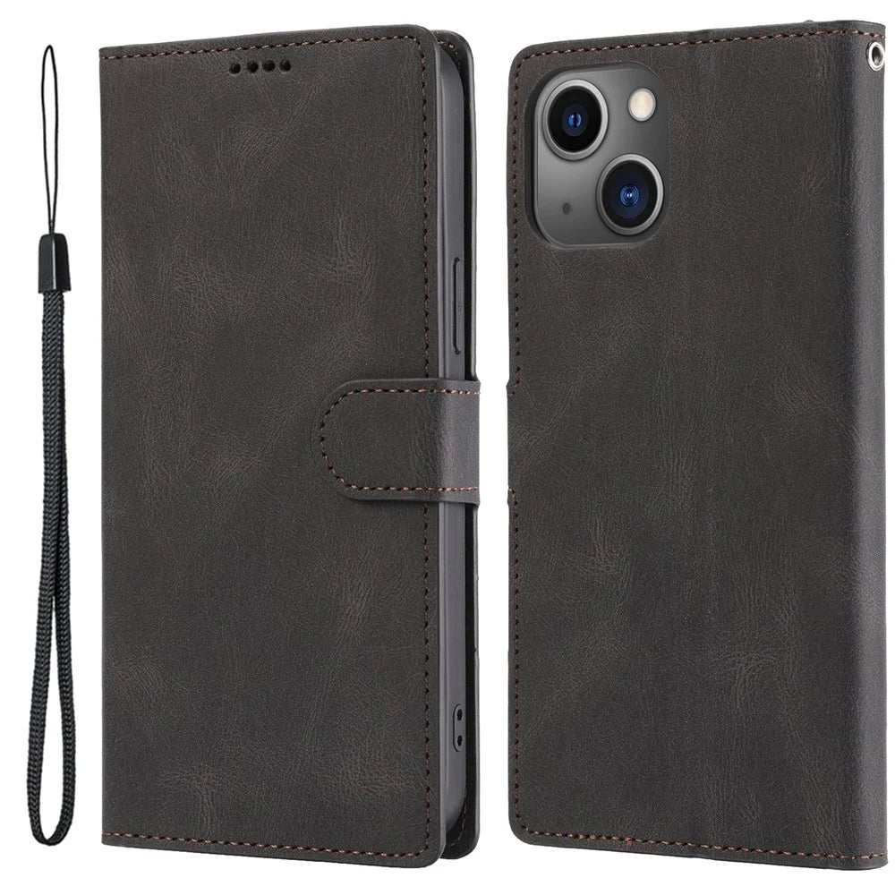 For iPhone 15 Magnetic Stand Wallet Dustproof PU Leather Phone Cover Cell Phone Case with Strap - Black - 1