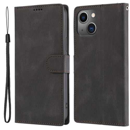 For iPhone 15 Magnetic Stand Wallet Dustproof PU Leather Phone Cover Cell Phone Case with Strap - Black - 1
