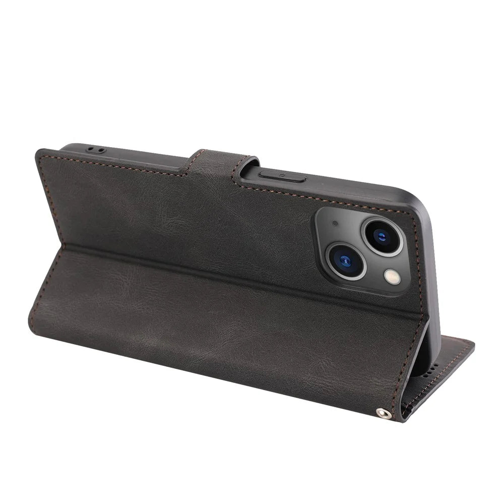 For iPhone 15 Magnetic Stand Wallet Dustproof PU Leather Phone Cover Cell Phone Case with Strap - Black - 4