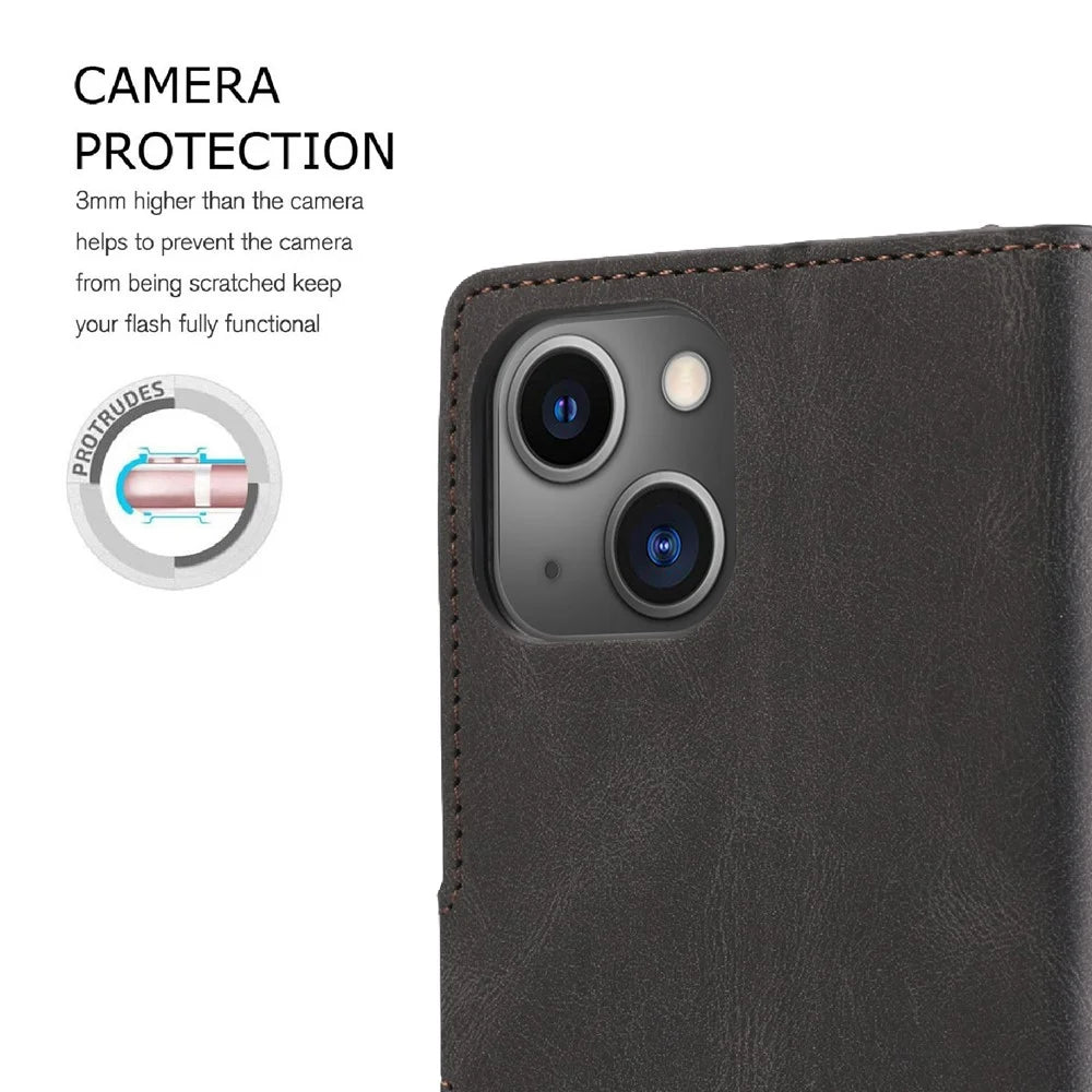 For iPhone 15 Magnetic Stand Wallet Dustproof PU Leather Phone Cover Cell Phone Case with Strap - Black - 5