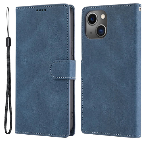 For iPhone 15 Plus Slim-Fit Cell Phone Case Magnetic Stand Wallet PU Leather Phone Cover with Strap - Blue - 1