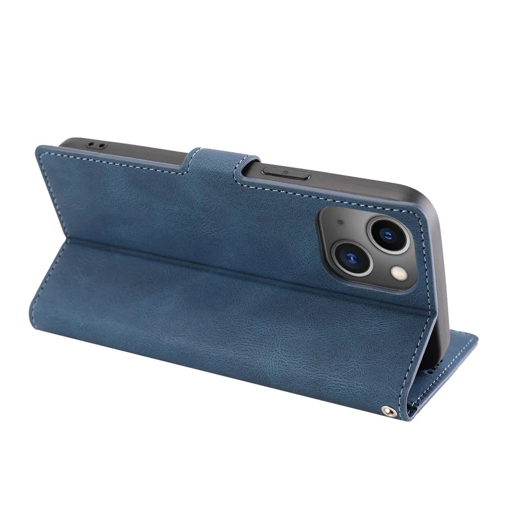 For iPhone 15 Plus Slim-Fit Cell Phone Case Magnetic Stand Wallet PU Leather Phone Cover with Strap - Blue - 4