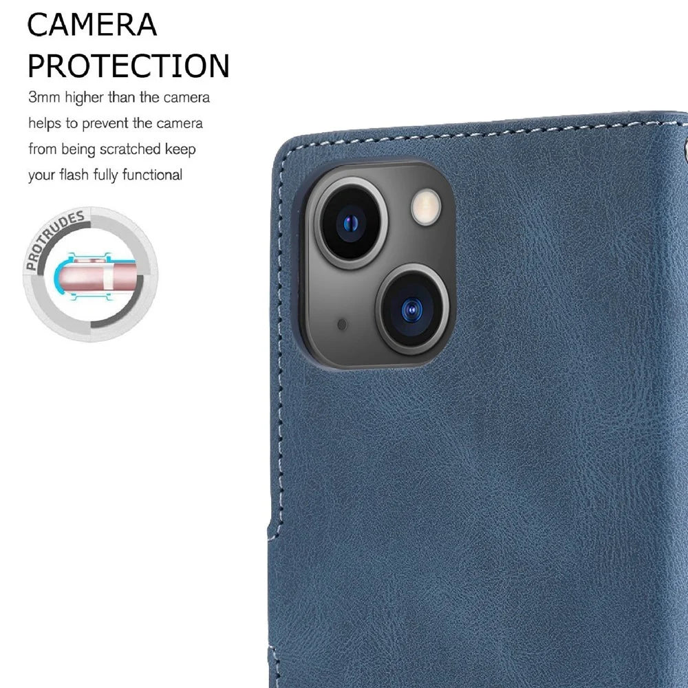 For iPhone 15 Plus Slim-Fit Cell Phone Case Magnetic Stand Wallet PU Leather Phone Cover with Strap - Blue - 5