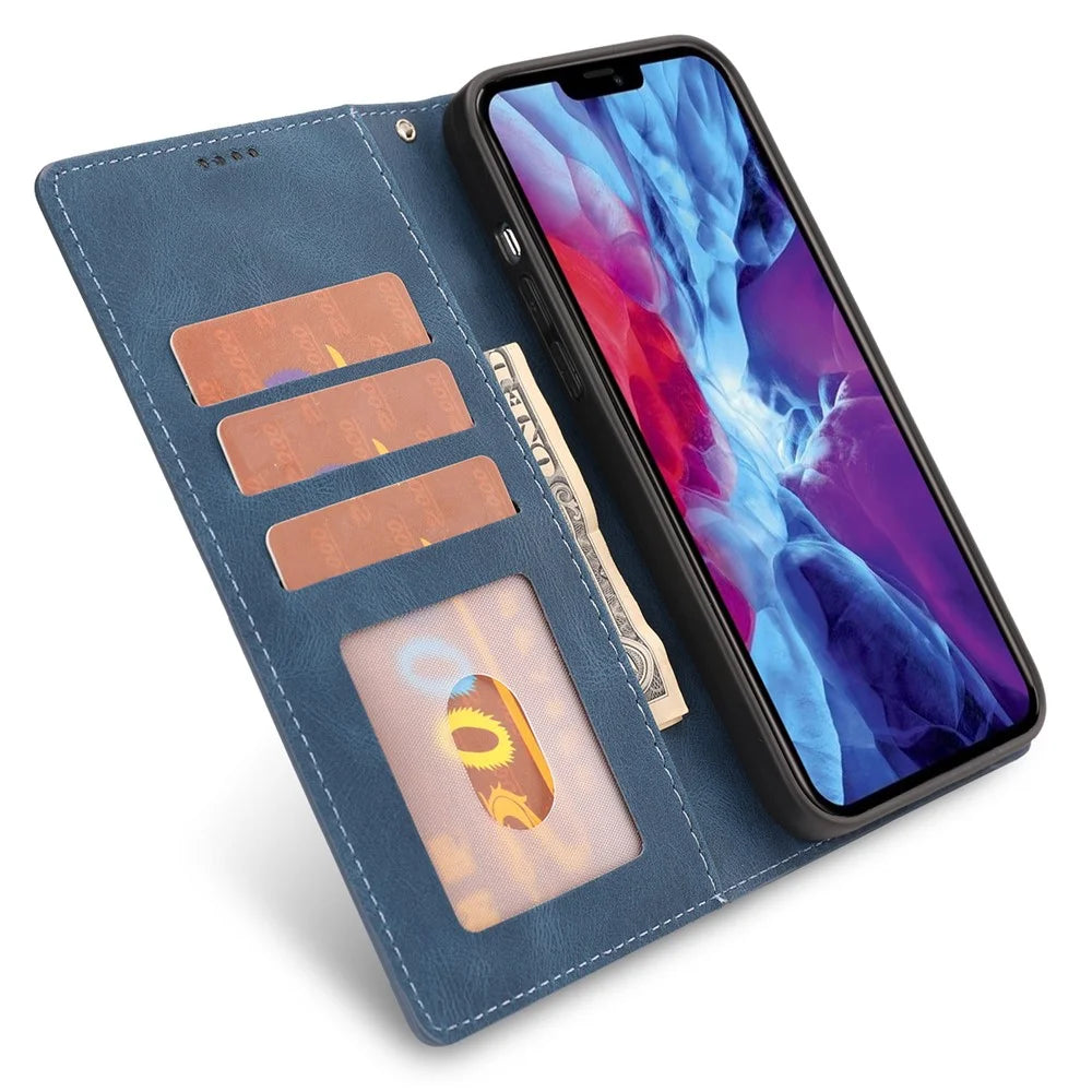For iPhone 15 Pro Max Cell Phone Case Dustproof PU Leather Magnetic Stand Wallet Phone Cover with Strap - Blue - 2