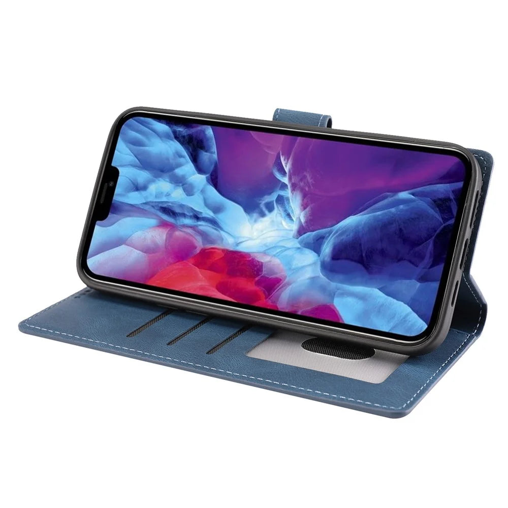 For iPhone 15 Pro Max Cell Phone Case Dustproof PU Leather Magnetic Stand Wallet Phone Cover with Strap - Blue - 3