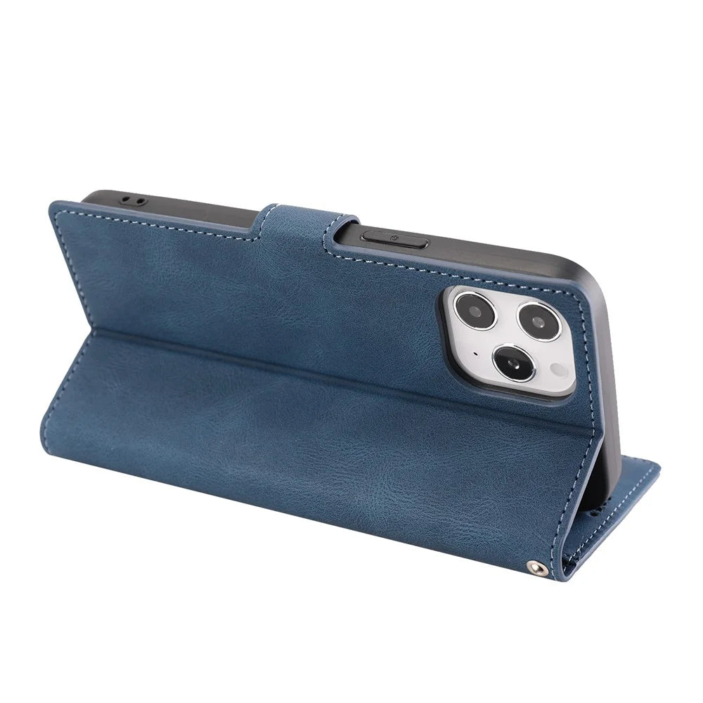 For iPhone 15 Pro Max Cell Phone Case Dustproof PU Leather Magnetic Stand Wallet Phone Cover with Strap - Blue - 4