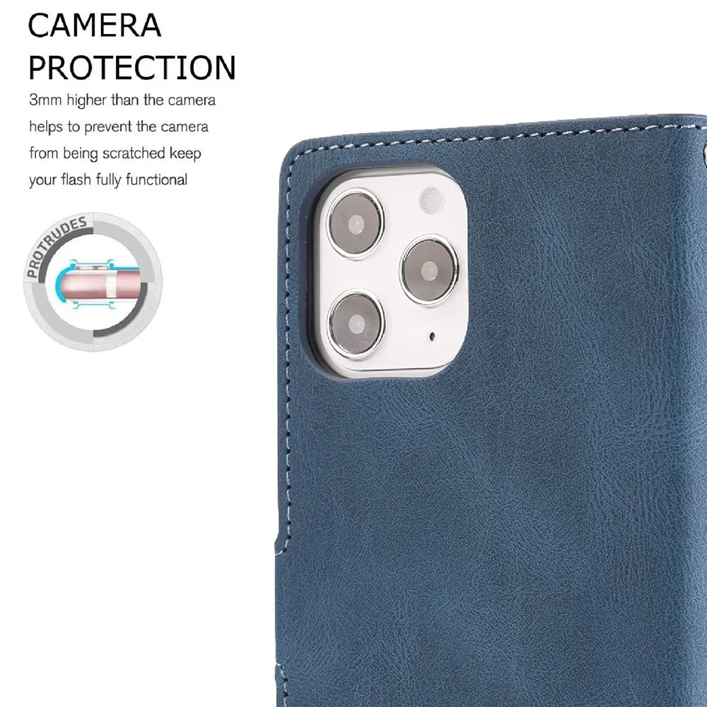 For iPhone 15 Pro Max Cell Phone Case Dustproof PU Leather Magnetic Stand Wallet Phone Cover with Strap - Blue - 5