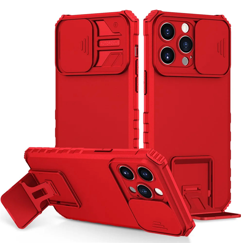 For iPhone 15 Pro Max Slide Camera Lid PC+TPU Phone Case Anti-drop Kickstand Back Cover - Red - 1