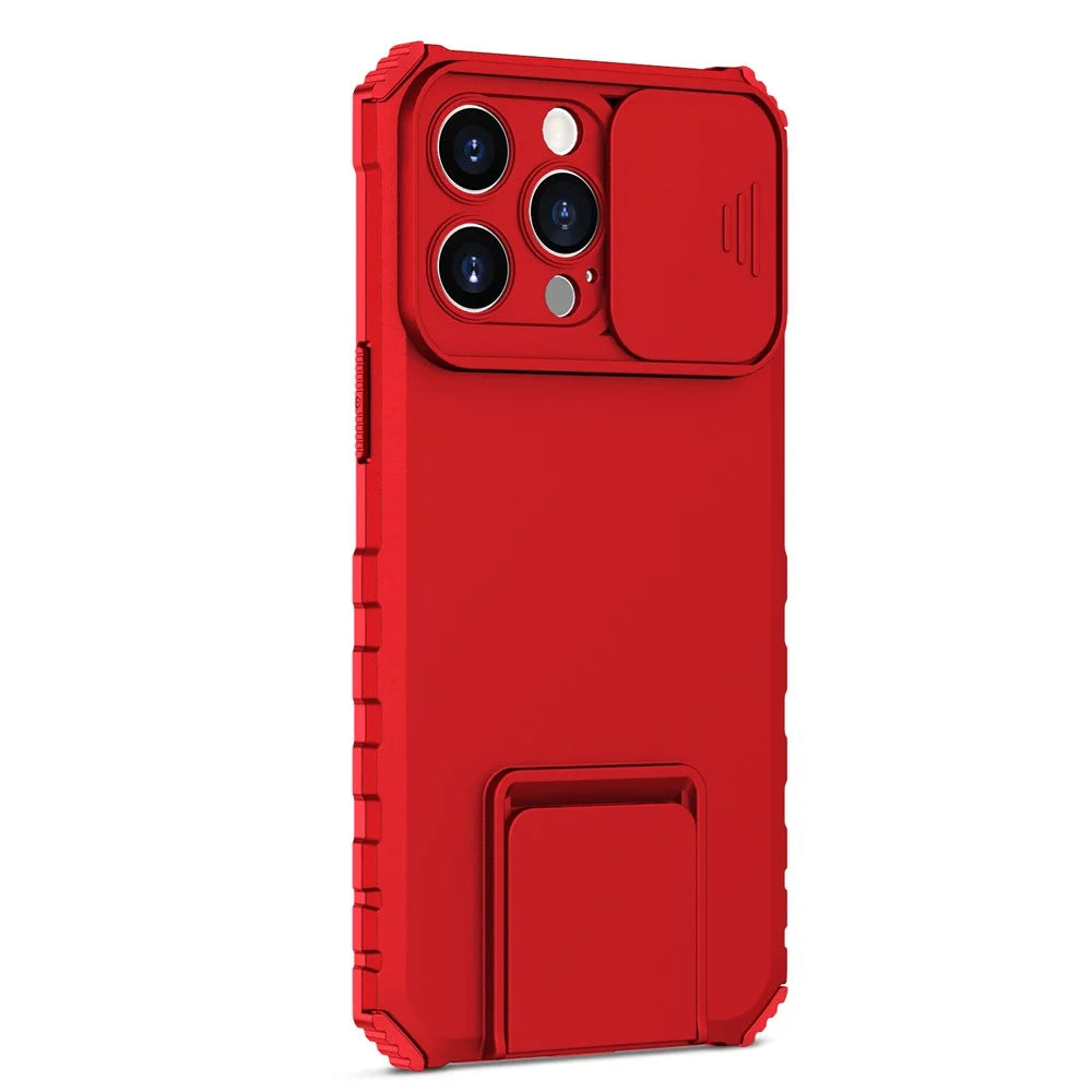 For iPhone 15 Pro Max Slide Camera Lid PC+TPU Phone Case Anti-drop Kickstand Back Cover - Red - 2