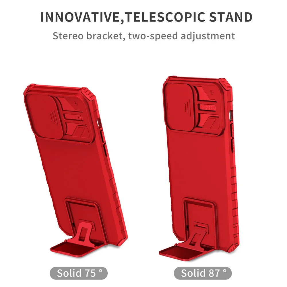 For iPhone 15 Pro Max Slide Camera Lid PC+TPU Phone Case Anti-drop Kickstand Back Cover - Red - 3