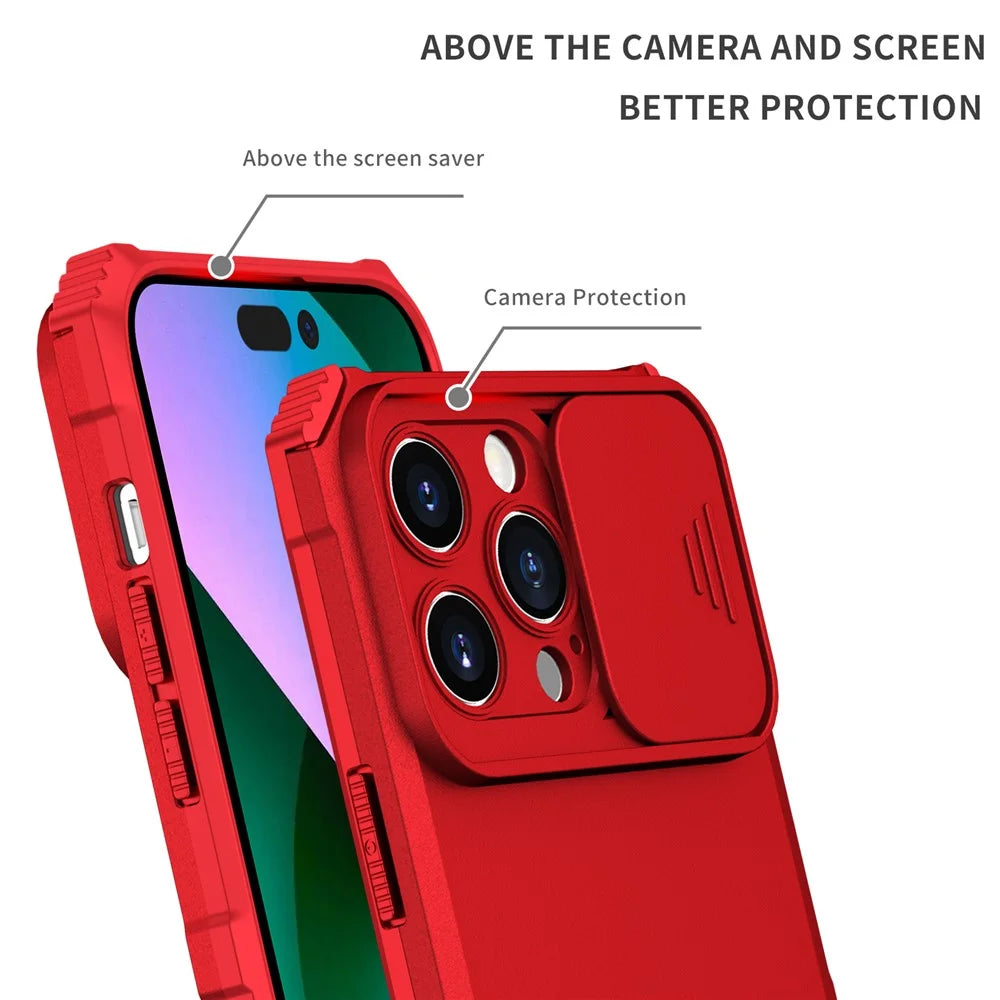 For iPhone 15 Pro Max Slide Camera Lid PC+TPU Phone Case Anti-drop Kickstand Back Cover - Red - 4