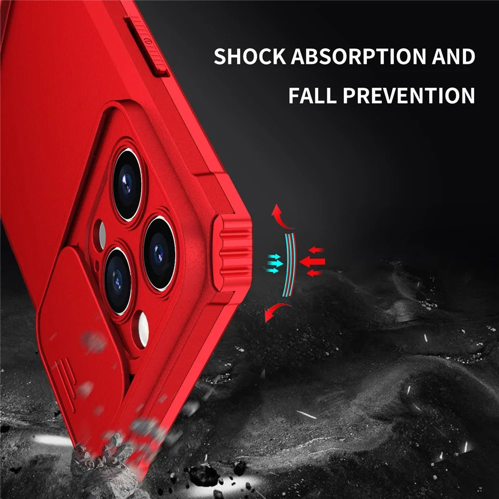 For iPhone 15 Pro Max Slide Camera Lid PC+TPU Phone Case Anti-drop Kickstand Back Cover - Red - 5
