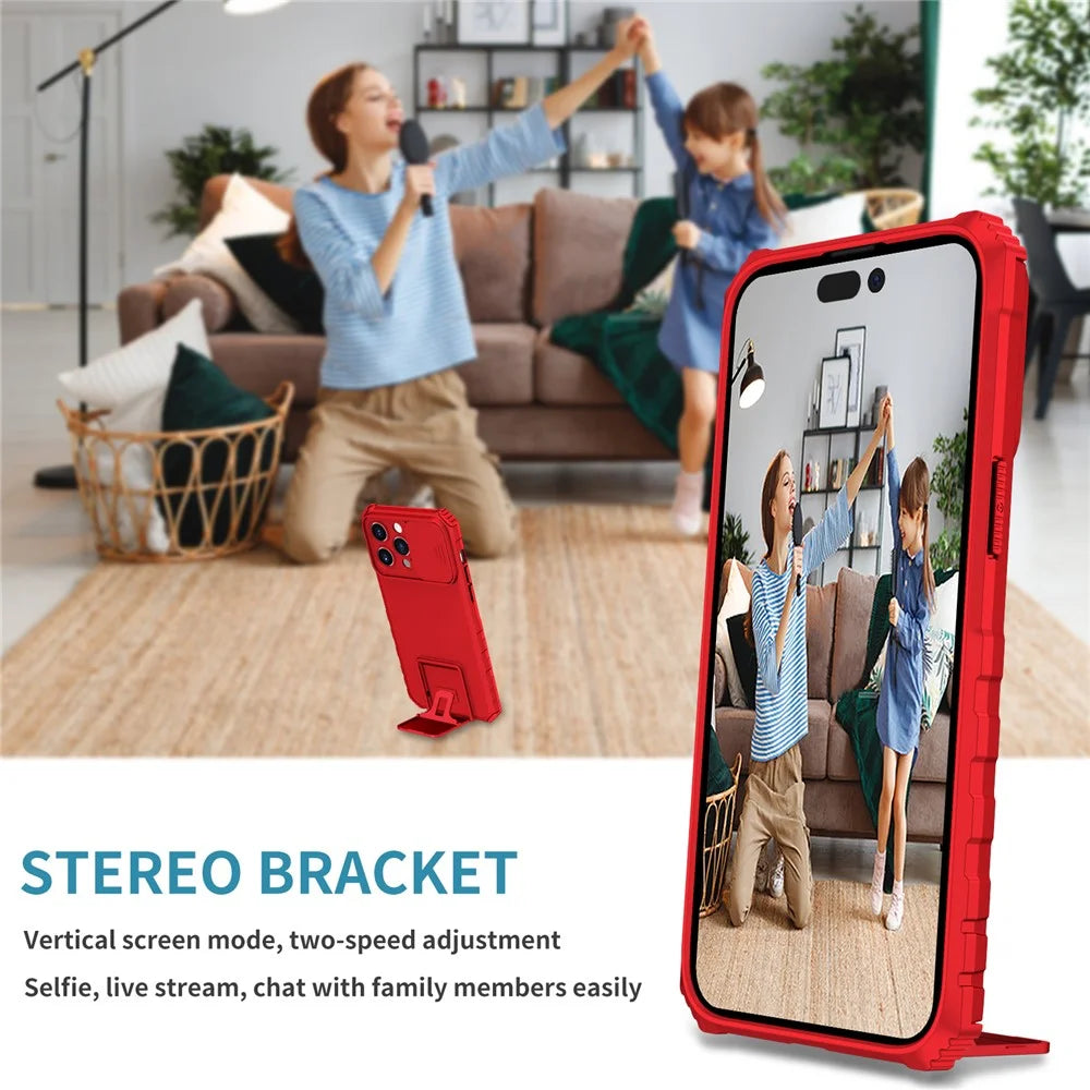 For iPhone 15 Pro Max Slide Camera Lid PC+TPU Phone Case Anti-drop Kickstand Back Cover - Red - 7