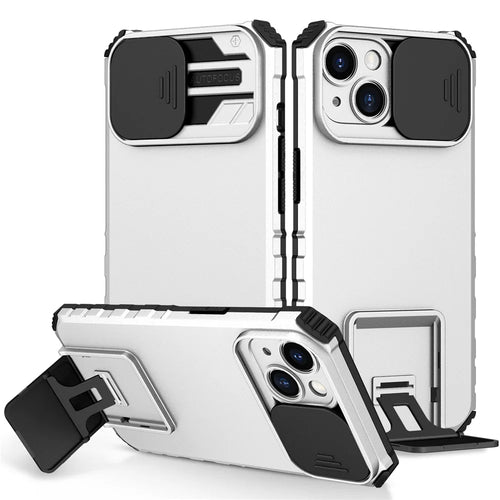 For iPhone 15 Slide Camera Cover Phone Case PC+TPU Shockproof Case Shell with Kickstand - White - 1