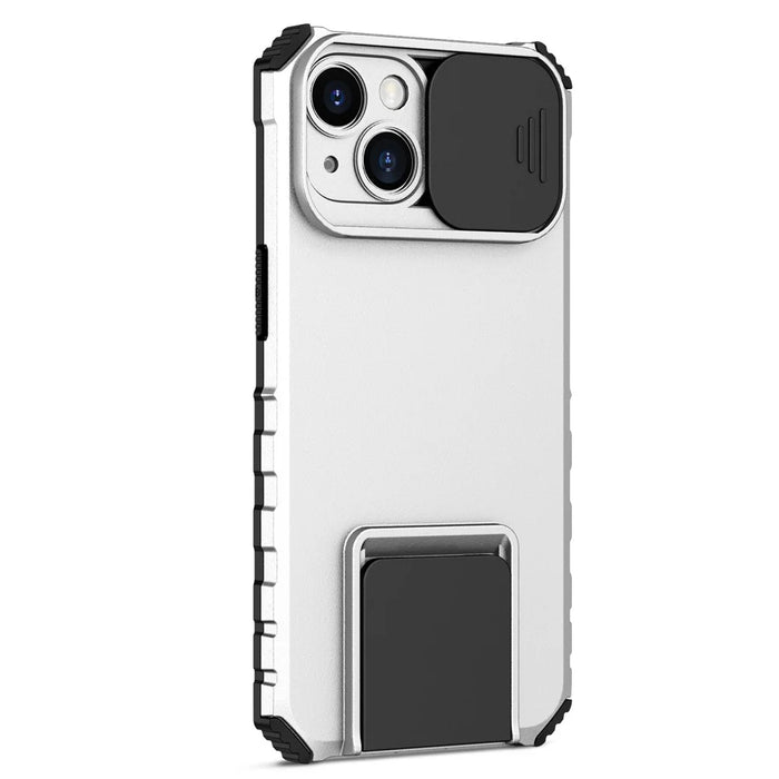 For iPhone 15 Slide Camera Cover Phone Case PC+TPU Shockproof Case Shell with Kickstand - White - 2