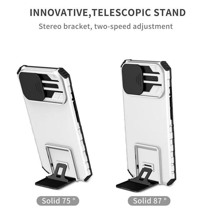 For iPhone 15 Slide Camera Cover Phone Case PC+TPU Shockproof Case Shell with Kickstand - White - 3
