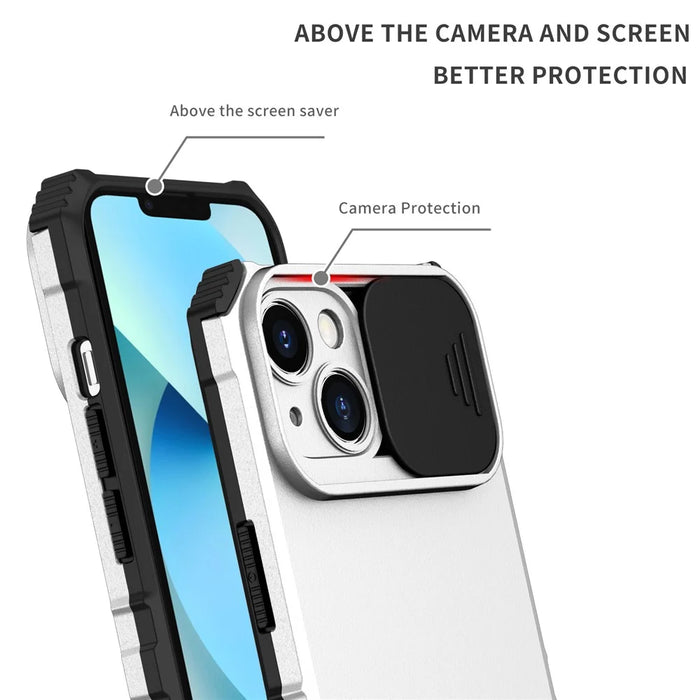 For iPhone 15 Slide Camera Cover Phone Case PC+TPU Shockproof Case Shell with Kickstand - White - 4