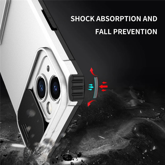 For iPhone 15 Slide Camera Cover Phone Case PC+TPU Shockproof Case Shell with Kickstand - White - 5