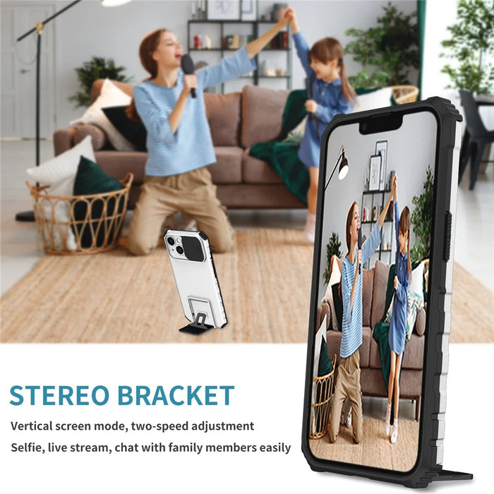 For iPhone 15 Slide Camera Cover Phone Case PC+TPU Shockproof Case Shell with Kickstand - White - 7