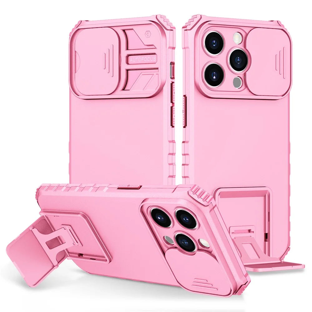 Slide Camera Lid Phone Case for iPhone 15 Pro , PC+TPU Cover Shockproof Phone Shell with Kickstand - Pink - 1