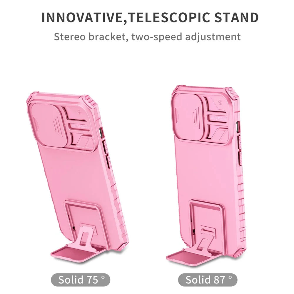 Slide Camera Lid Phone Case for iPhone 15 Pro , PC+TPU Cover Shockproof Phone Shell with Kickstand - Pink - 3