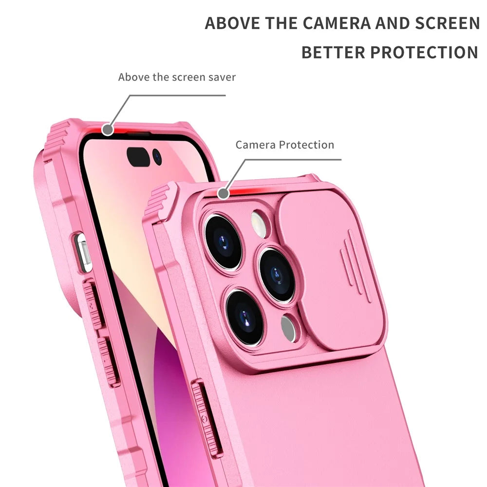 Slide Camera Lid Phone Case for iPhone 15 Pro , PC+TPU Cover Shockproof Phone Shell with Kickstand - Pink - 4