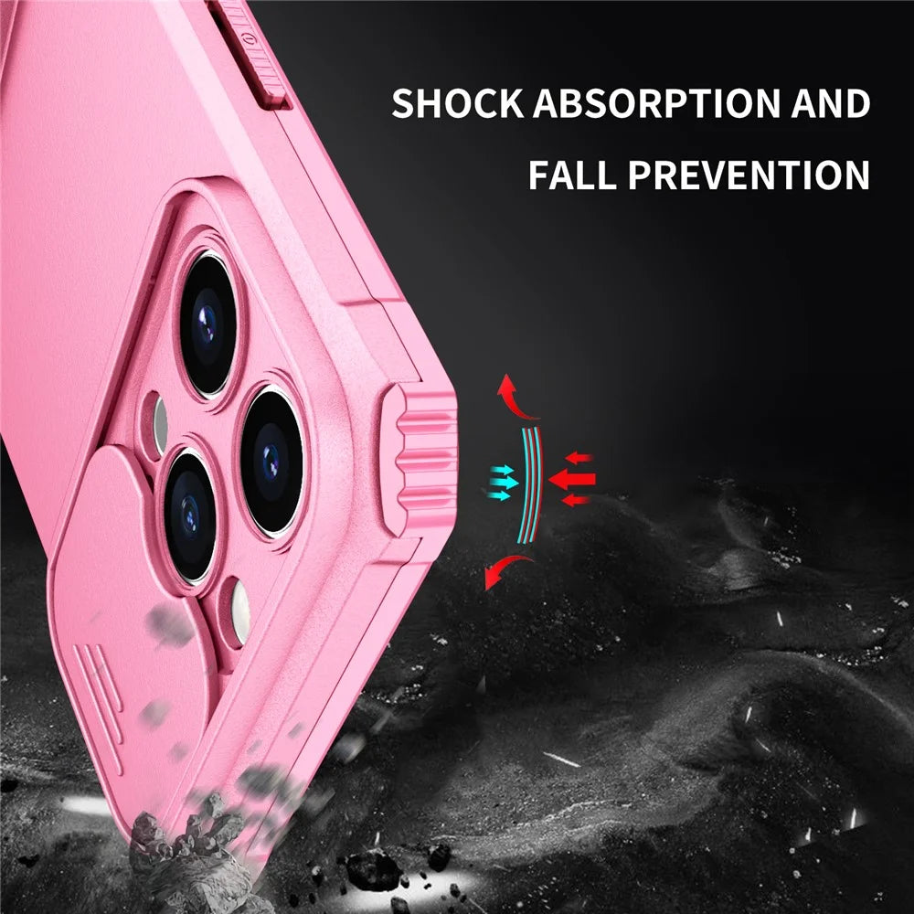 Slide Camera Lid Phone Case for iPhone 15 Pro , PC+TPU Cover Shockproof Phone Shell with Kickstand - Pink - 5