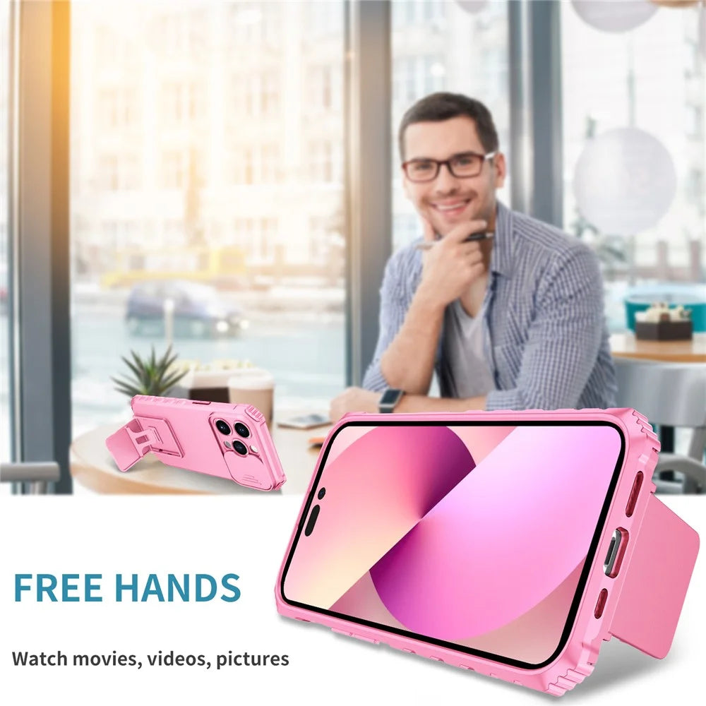 Slide Camera Lid Phone Case for iPhone 15 Pro , PC+TPU Cover Shockproof Phone Shell with Kickstand - Pink - 6