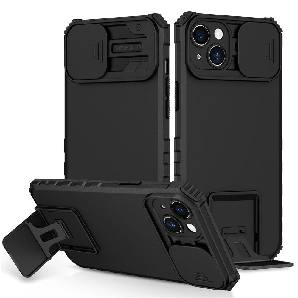For iPhone 15 Plus Slide Camera Lid Phone Case PC+TPU Shockproof Cover with Kickstand - Black - 1