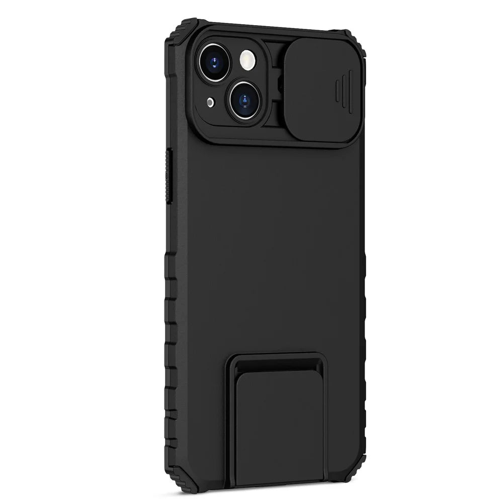 For iPhone 15 Plus Slide Camera Lid Phone Case PC+TPU Shockproof Cover with Kickstand - Black - 2