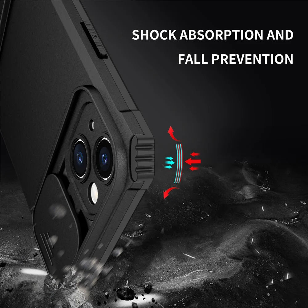 For iPhone 15 Plus Slide Camera Lid Phone Case PC+TPU Shockproof Cover with Kickstand - Black - 5