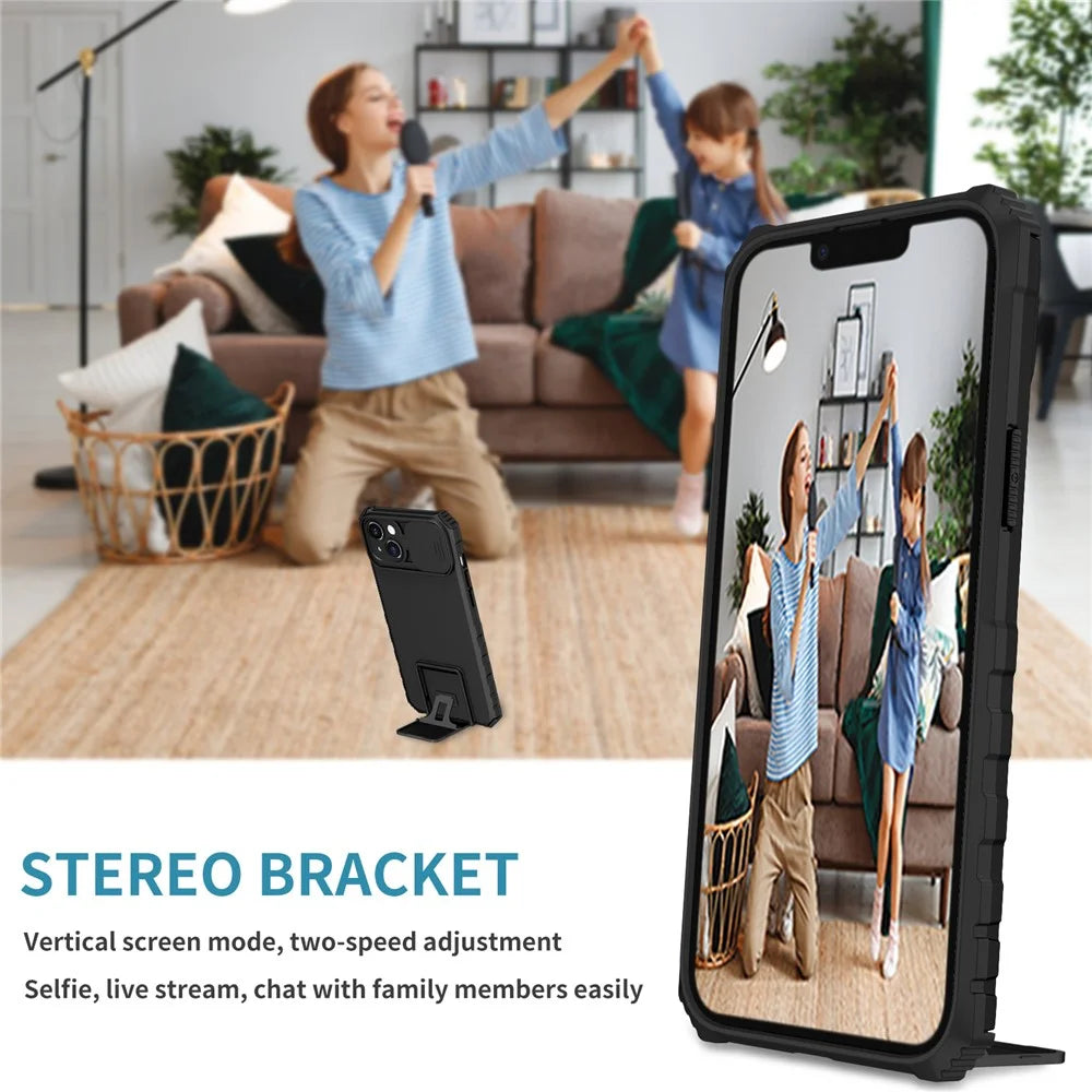 For iPhone 15 Plus Slide Camera Lid Phone Case PC+TPU Shockproof Cover with Kickstand - Black - 7