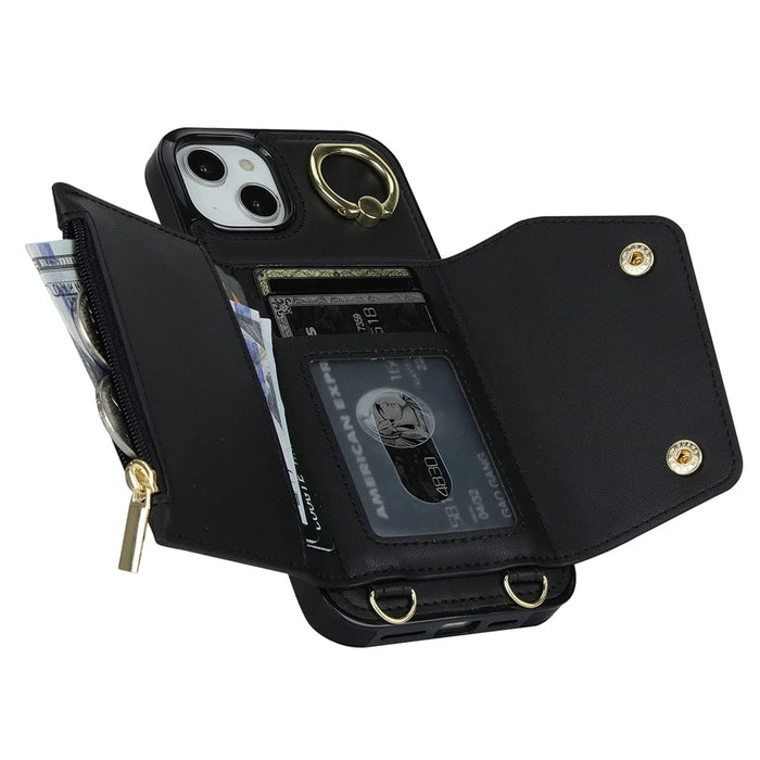 For iPhone 15  Zipper Wallet Phone Case PU Leather+TPU Ring Kickstand Back Cover with 2 Straps - Black - 2