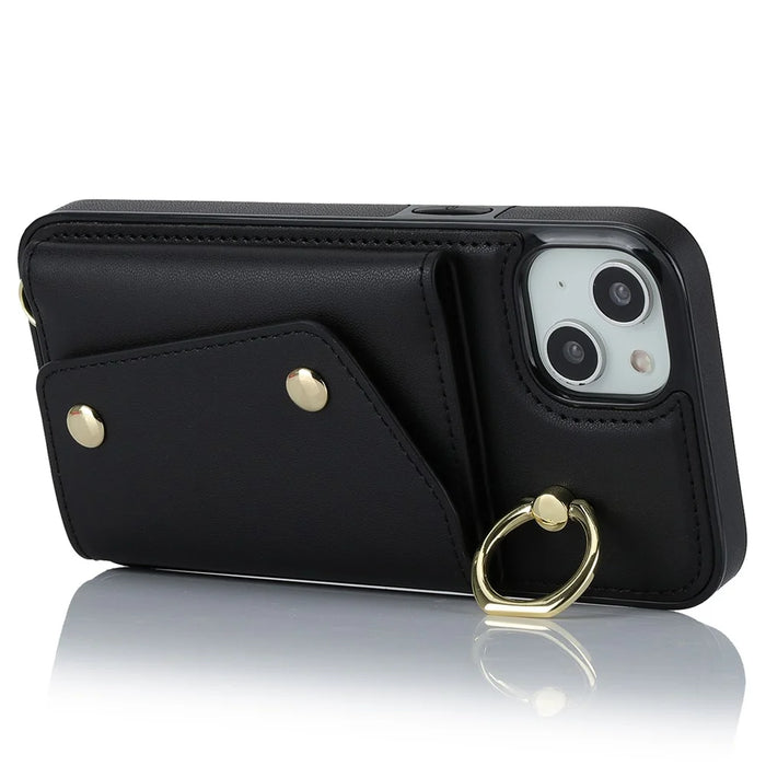 For iPhone 15  Zipper Wallet Phone Case PU Leather+TPU Ring Kickstand Back Cover with 2 Straps - Black - 3