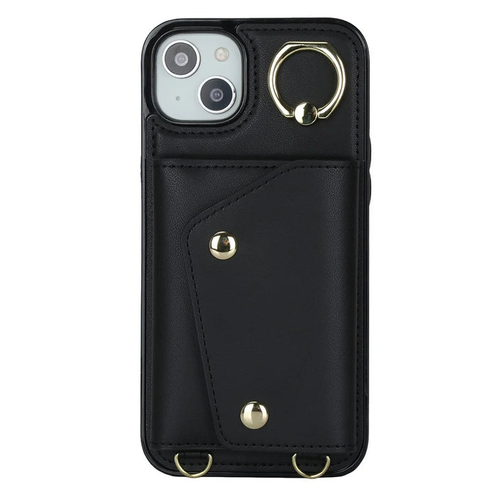 For iPhone 15  Zipper Wallet Phone Case PU Leather+TPU Ring Kickstand Back Cover with 2 Straps - Black - 4