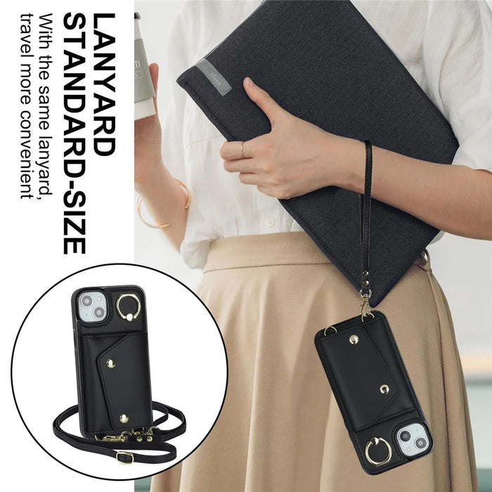 For iPhone 15  Zipper Wallet Phone Case PU Leather+TPU Ring Kickstand Back Cover with 2 Straps - Black - 5