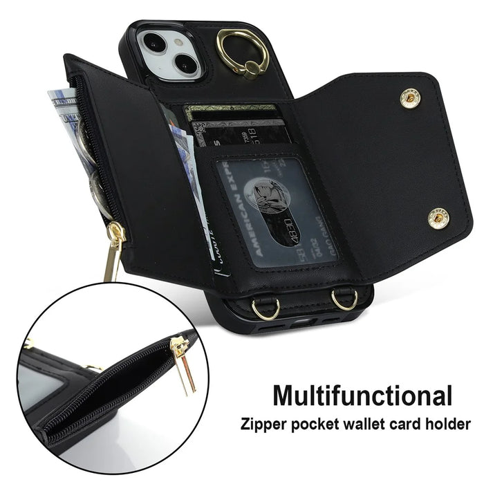 For iPhone 15  Zipper Wallet Phone Case PU Leather+TPU Ring Kickstand Back Cover with 2 Straps - Black - 6