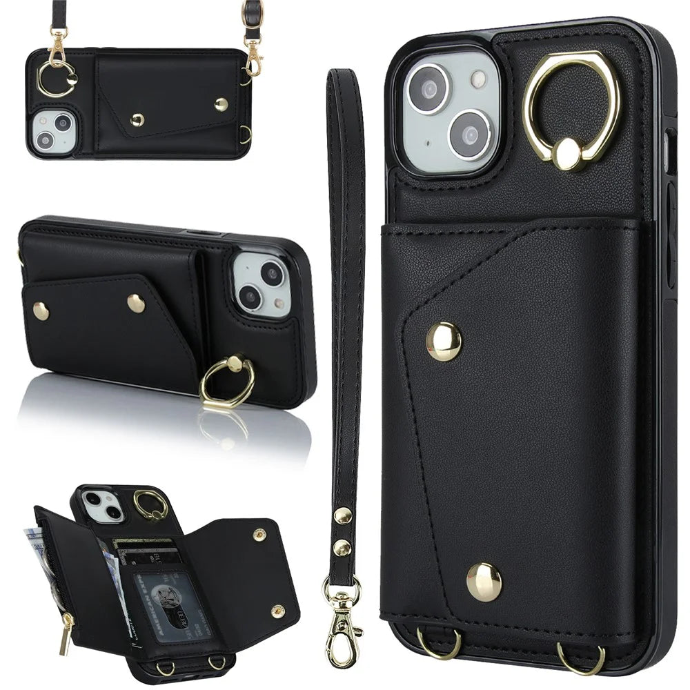 For iPhone 15  Zipper Wallet Phone Case PU Leather+TPU Ring Kickstand Back Cover with 2 Straps - Black - 1