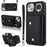 For iPhone 15  Zipper Wallet Phone Case PU Leather+TPU Ring Kickstand Back Cover with 2 Straps - Black - 1