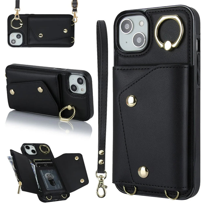 For iPhone 15  Zipper Wallet Phone Case PU Leather+TPU Ring Kickstand Back Cover with 2 Straps - Black - 1