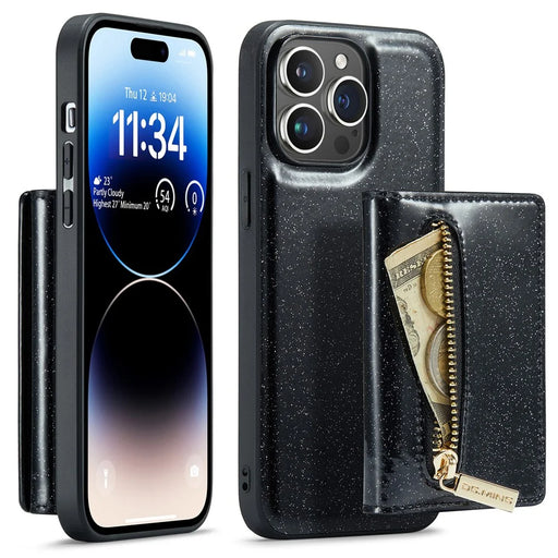 DG.MING M3 Series For iPhone 15 Pro Max Magnetic Detachable Cover Glittery Leather Coated PC+TPU Wallet Kickstand Phone Case - Black - 1
