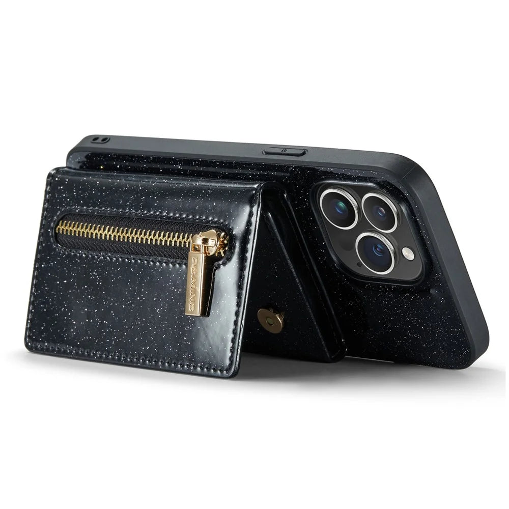 DG.MING M3 Series For iPhone 15 Pro Max Magnetic Detachable Cover Glittery Leather Coated PC+TPU Wallet Kickstand Phone Case - Black - 3
