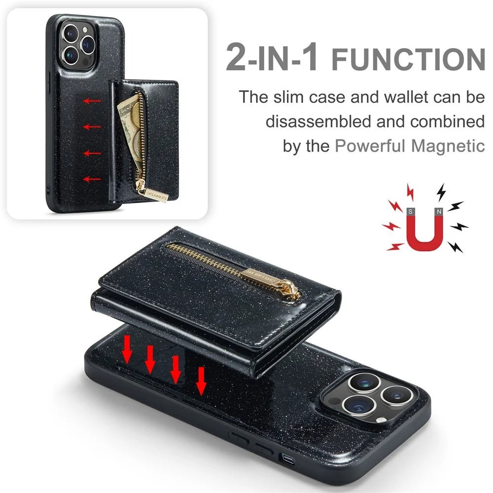 DG.MING M3 Series For iPhone 15 Pro Max Magnetic Detachable Cover Glittery Leather Coated PC+TPU Wallet Kickstand Phone Case - Black - 5