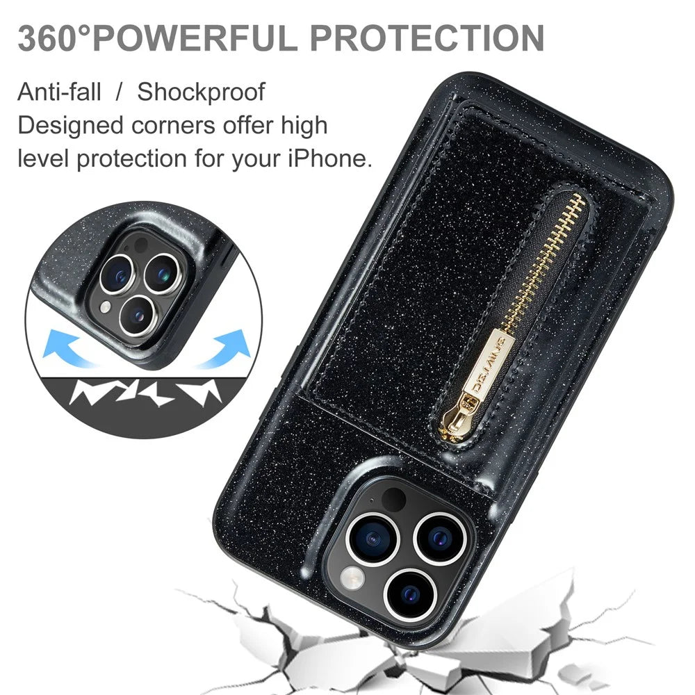 DG.MING M3 Series For iPhone 15 Pro Max Magnetic Detachable Cover Glittery Leather Coated PC+TPU Wallet Kickstand Phone Case - Black - 6