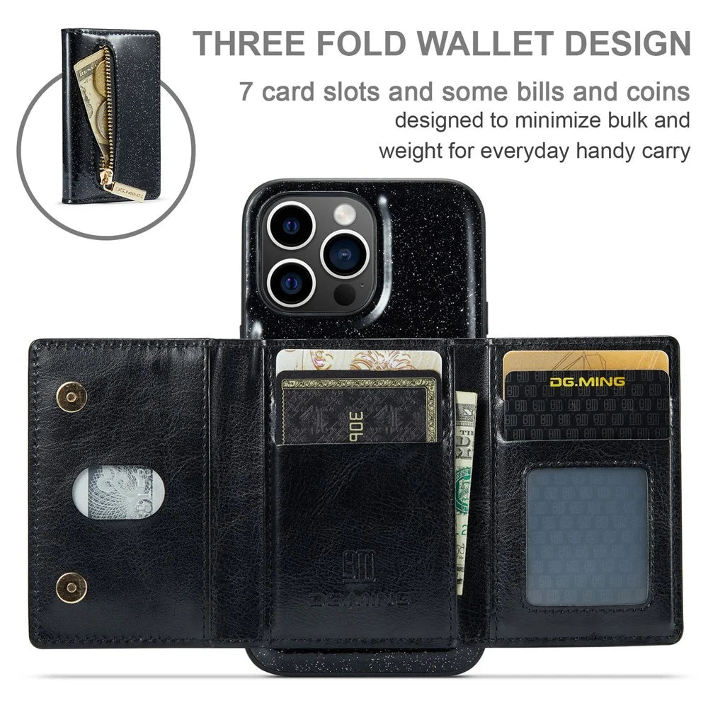 DG.MING M3 Series For iPhone 15 Pro Max Magnetic Detachable Cover Glittery Leather Coated PC+TPU Wallet Kickstand Phone Case - Black - 7